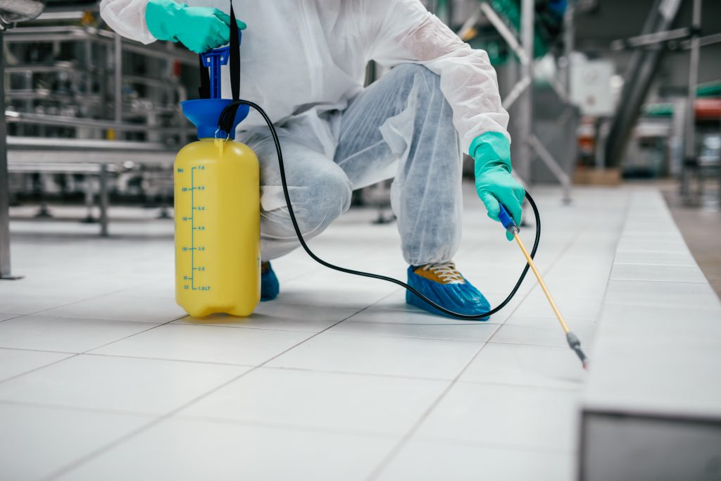 Técnico aplicando tratamiento de control de plagas en cocina industrial en Madrid